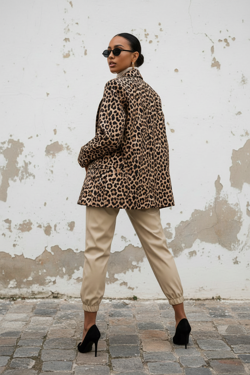 Kunstleder Jogger Hose Beige Over-Shoulder-Pose