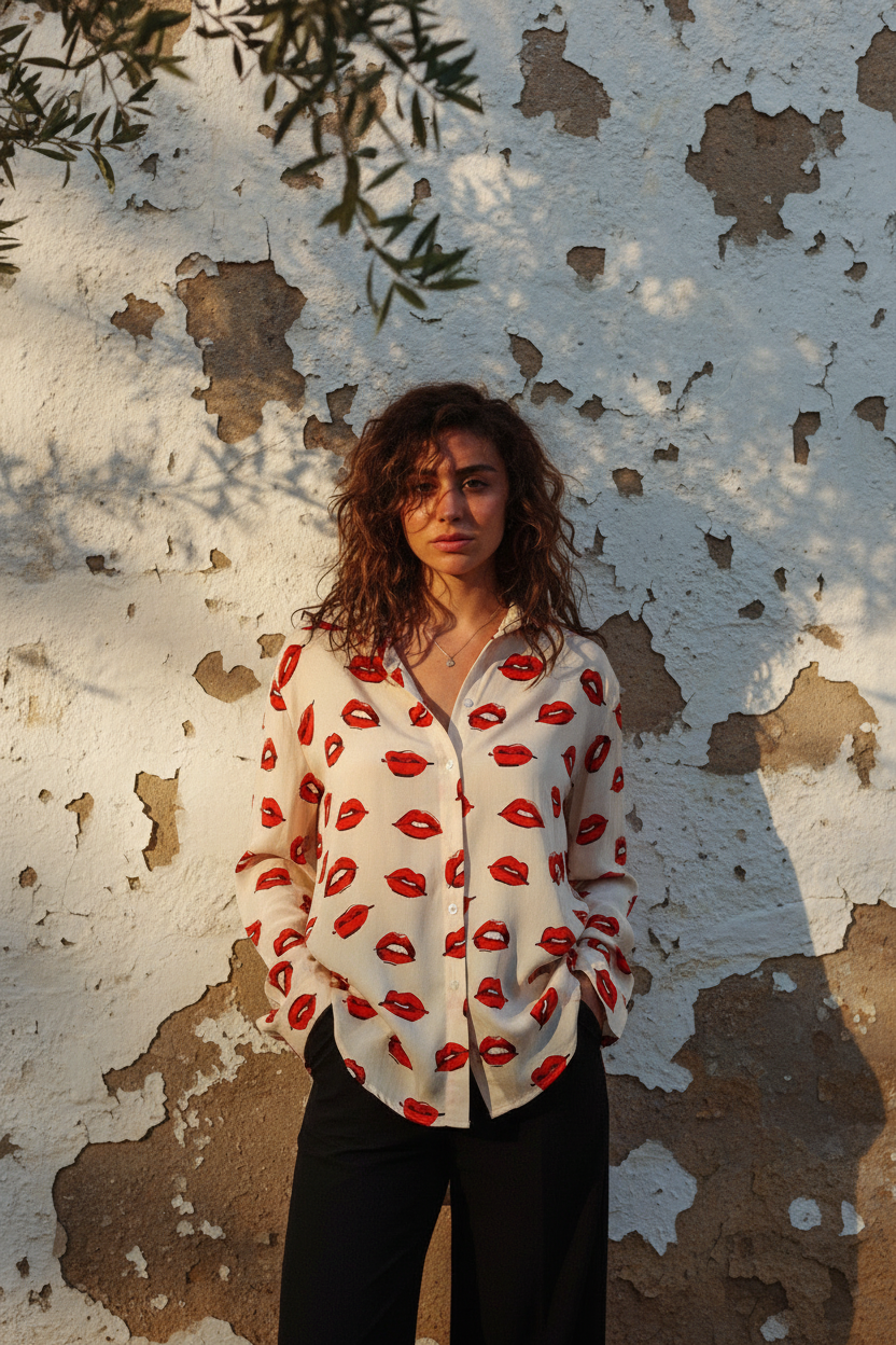 Oversized Bluse Creme Lippen-Print Viskose – LACLARA mediterrane Mode