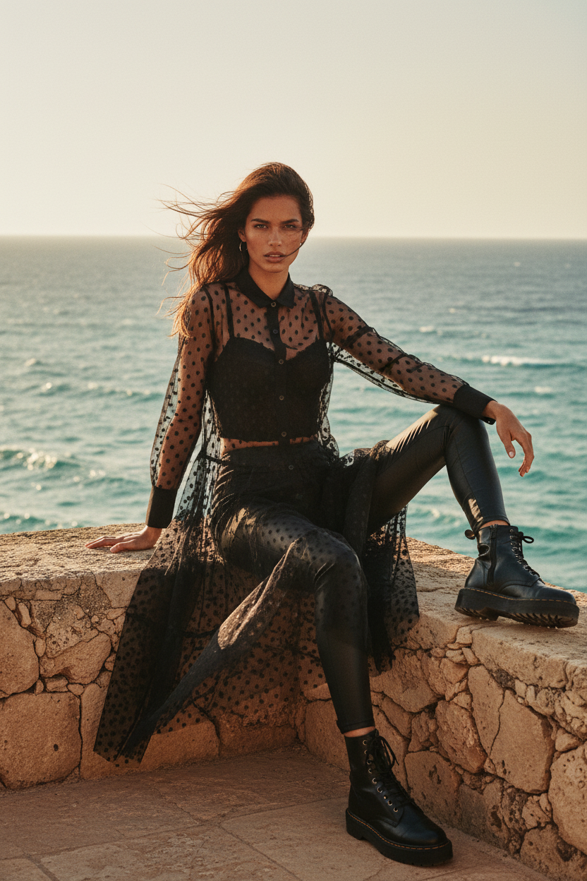 Schwarzes Tüllkleid mit Punkten & Knopfleiste – LACLARA mediterrane Mode