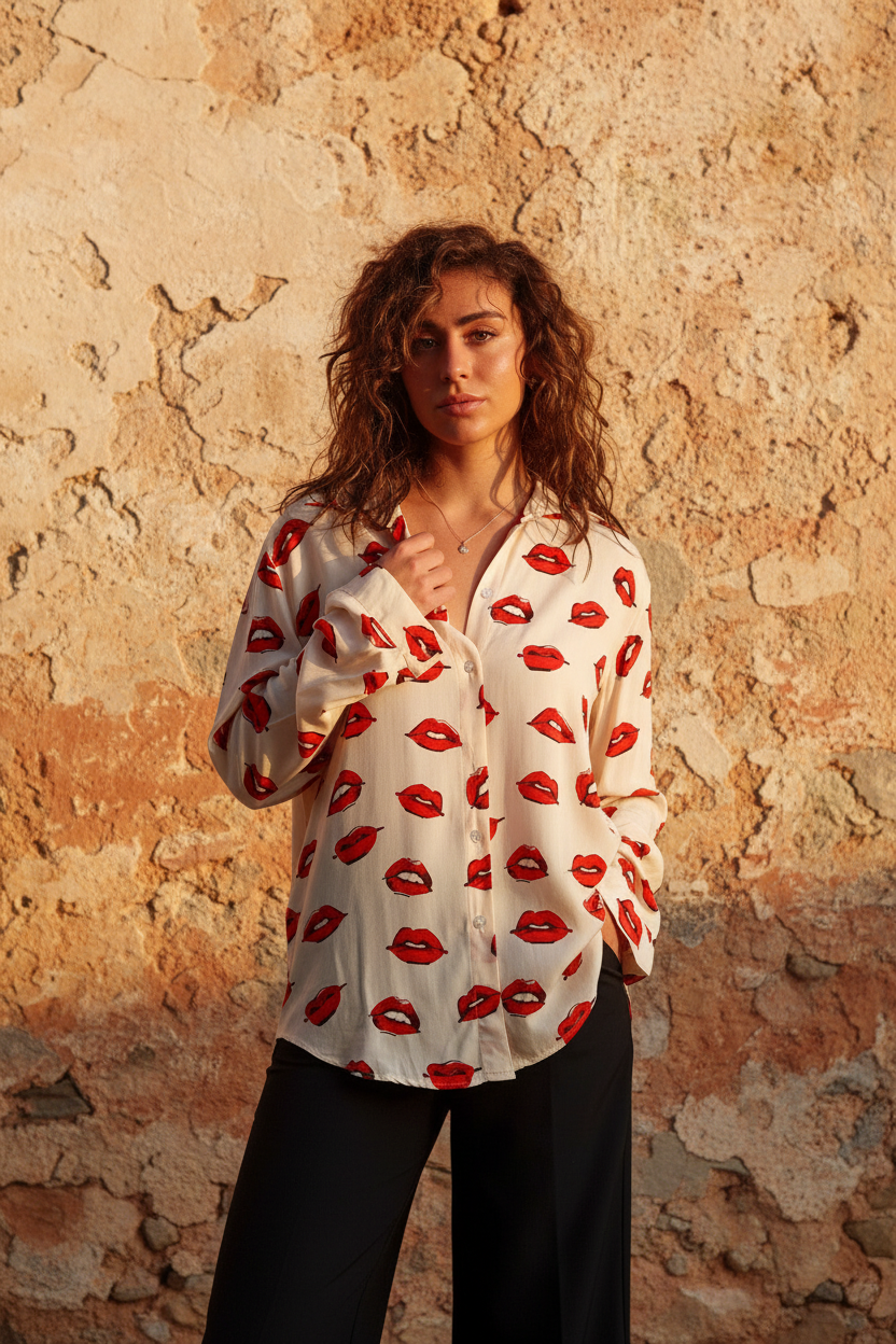 Oversized Bluse Creme Lippen-Print Viskose – LACLARA mediterrane Mode