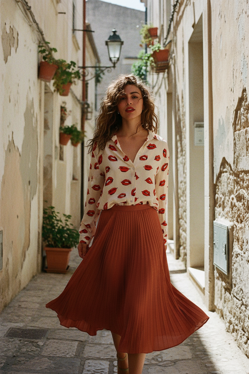 Oversized Bluse Creme Lippen-Print Viskose – LACLARA mediterrane Mode
