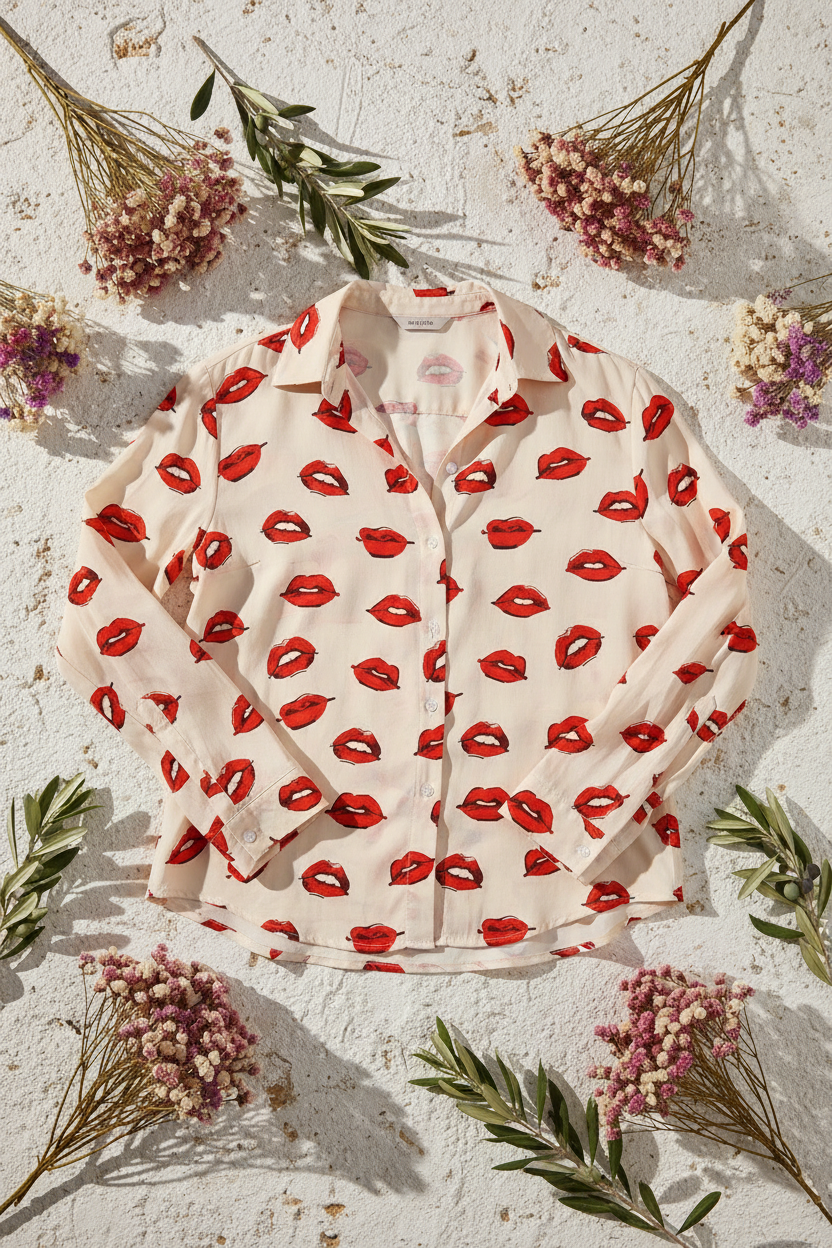 Oversized Bluse Creme Lippen-Print Viskose – LACLARA mediterrane Mode
