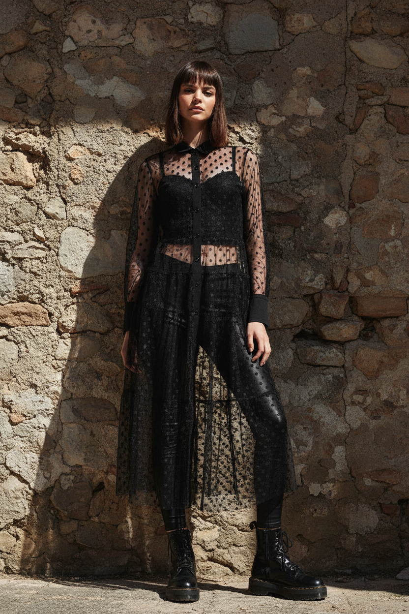Schwarzes Tüllkleid mit Punkten & Knopfleiste – LACLARA mediterrane Mode