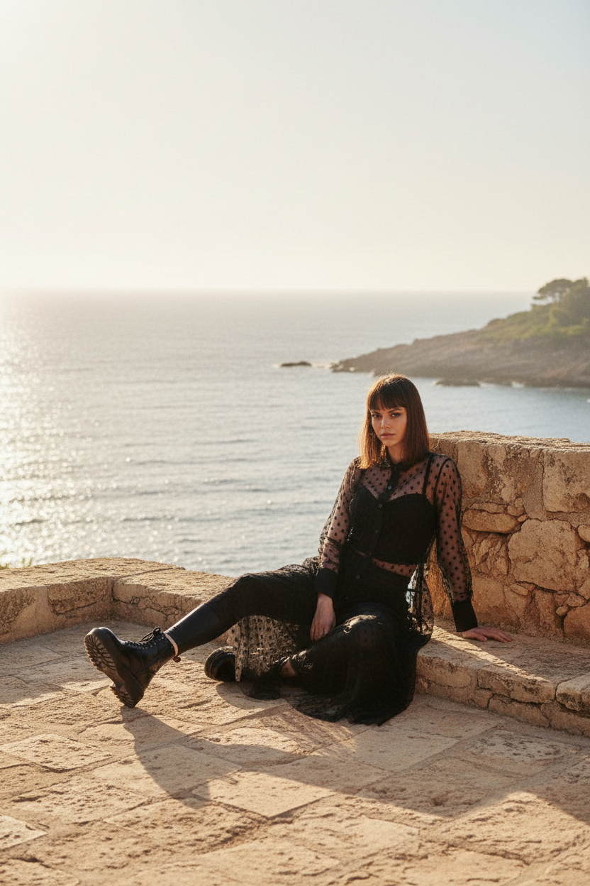 Schwarzes Tüllkleid mit Punkten & Knopfleiste – LACLARA mediterrane Mode