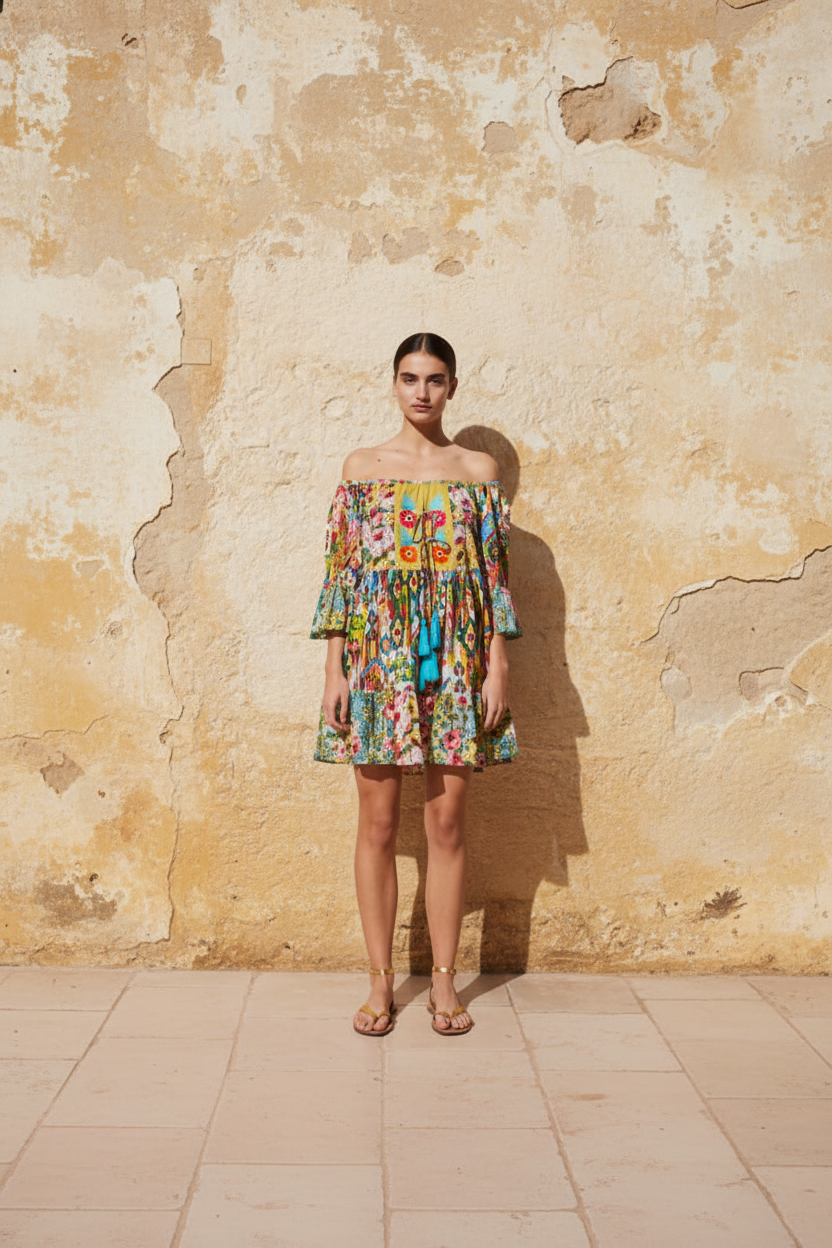 Boho Minikleid Off-Shoulder Multicolor mit Quasten – LACLARA mediterrane Mode