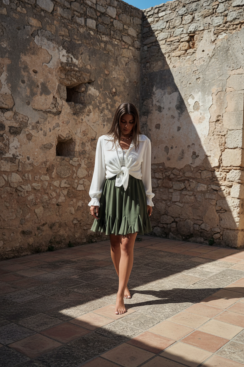 Chiffon Minirock Kaki mit Volant – LACLARA mediterrane Mode