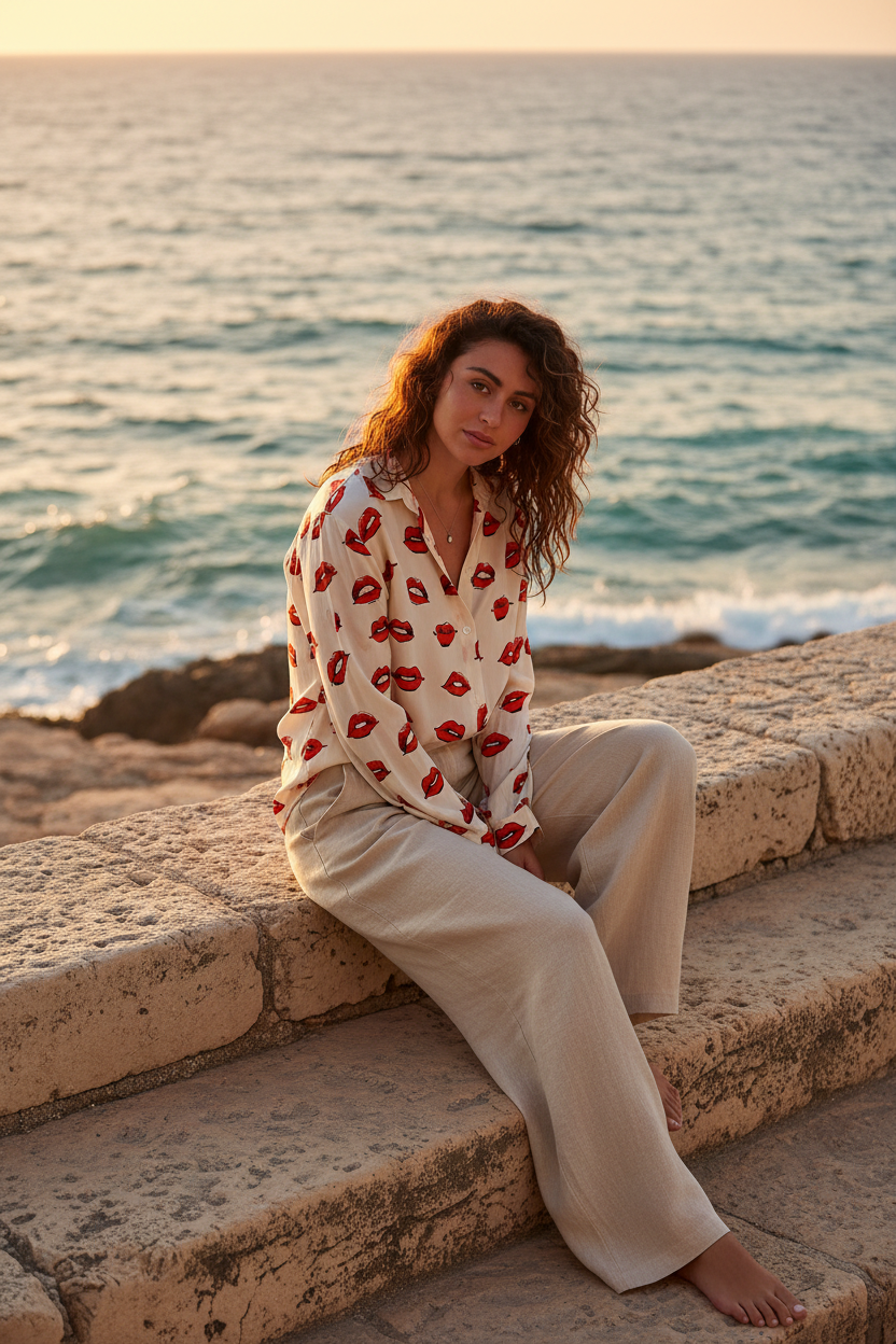 Oversized Bluse Creme Lippen-Print Viskose – LACLARA mediterrane Mode