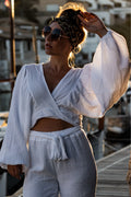 Musselin Wickel-Crop-Top Weiß Balloon-Ärmel – LACLARA mediterrane Mode