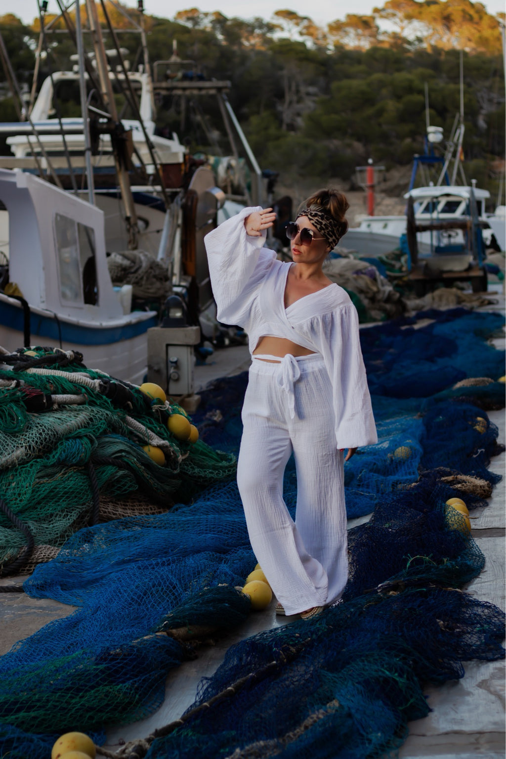 Musselin Wickel-Crop-Top Weiß Balloon-Ärmel – LACLARA mediterrane Mode