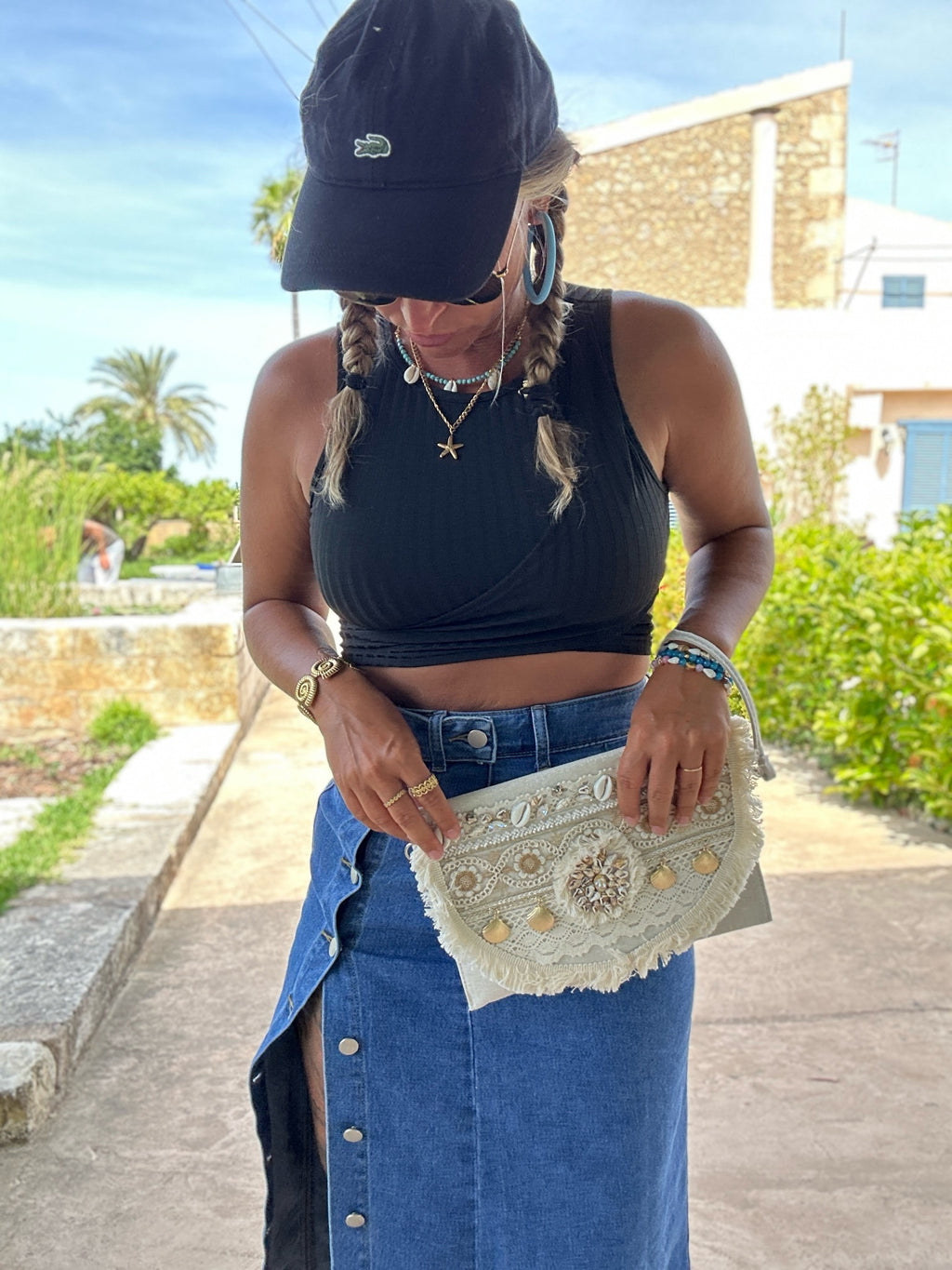 Blauer Denim Maxi-Rock mit Knopfleiste & Schlitz – LACLARA mediterrane Mode