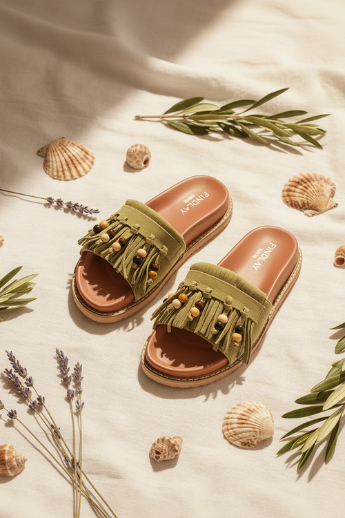 Boho Sandalen Oliv-Grün mit Fransen und bunten Holzperlen — mediterrane Sommersandalen von LACLARA