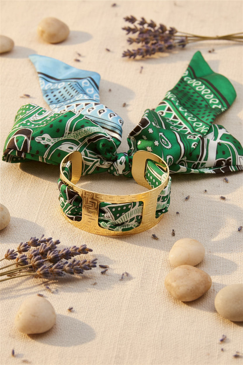Gold Armband mit Tuch Grün – LACLARA mediterrane Mode
