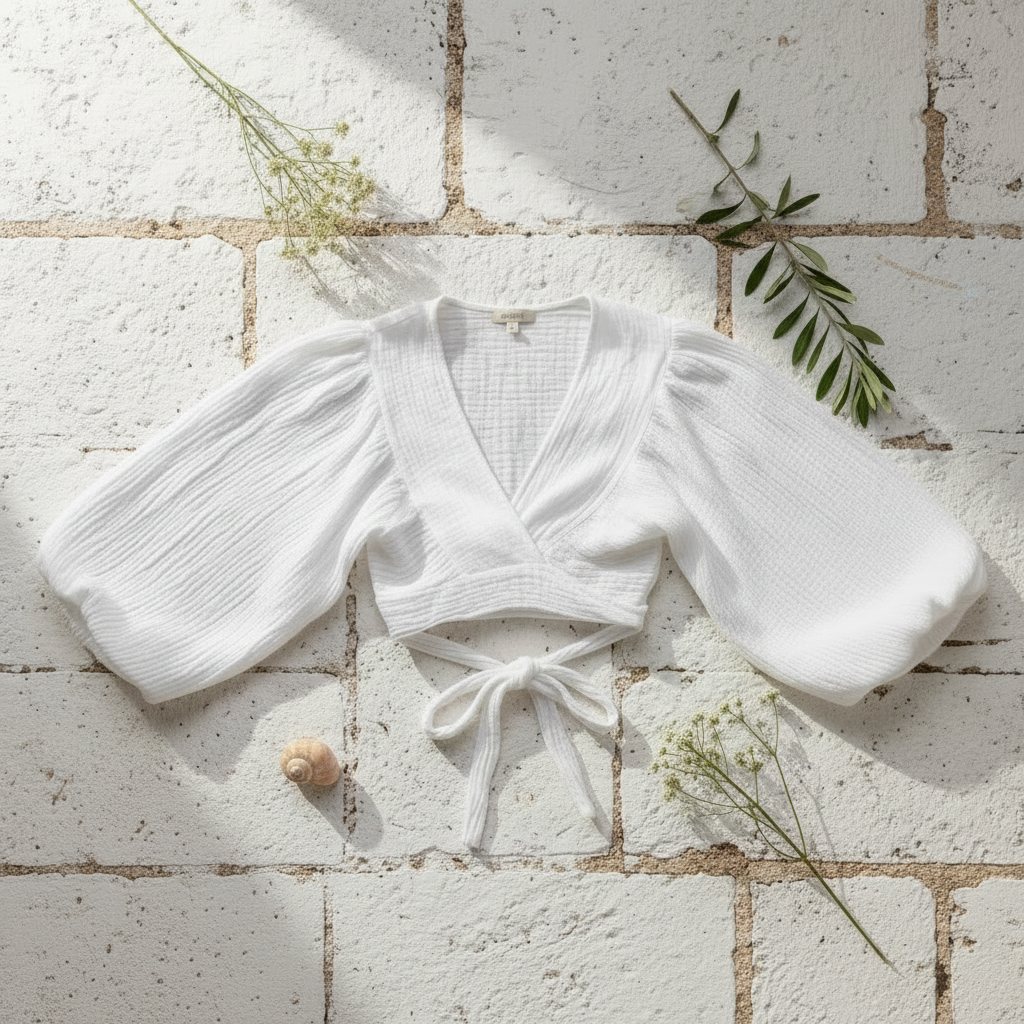 Musselin Wickel-Crop-Top Weiß Balloon-Ärmel – LACLARA mediterrane Mode