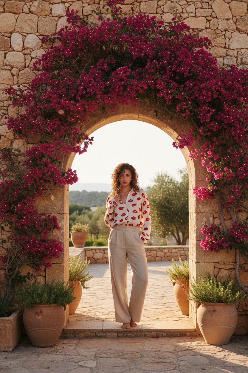Oversized Bluse Creme Lippen-Print Viskose – LACLARA mediterrane Mode