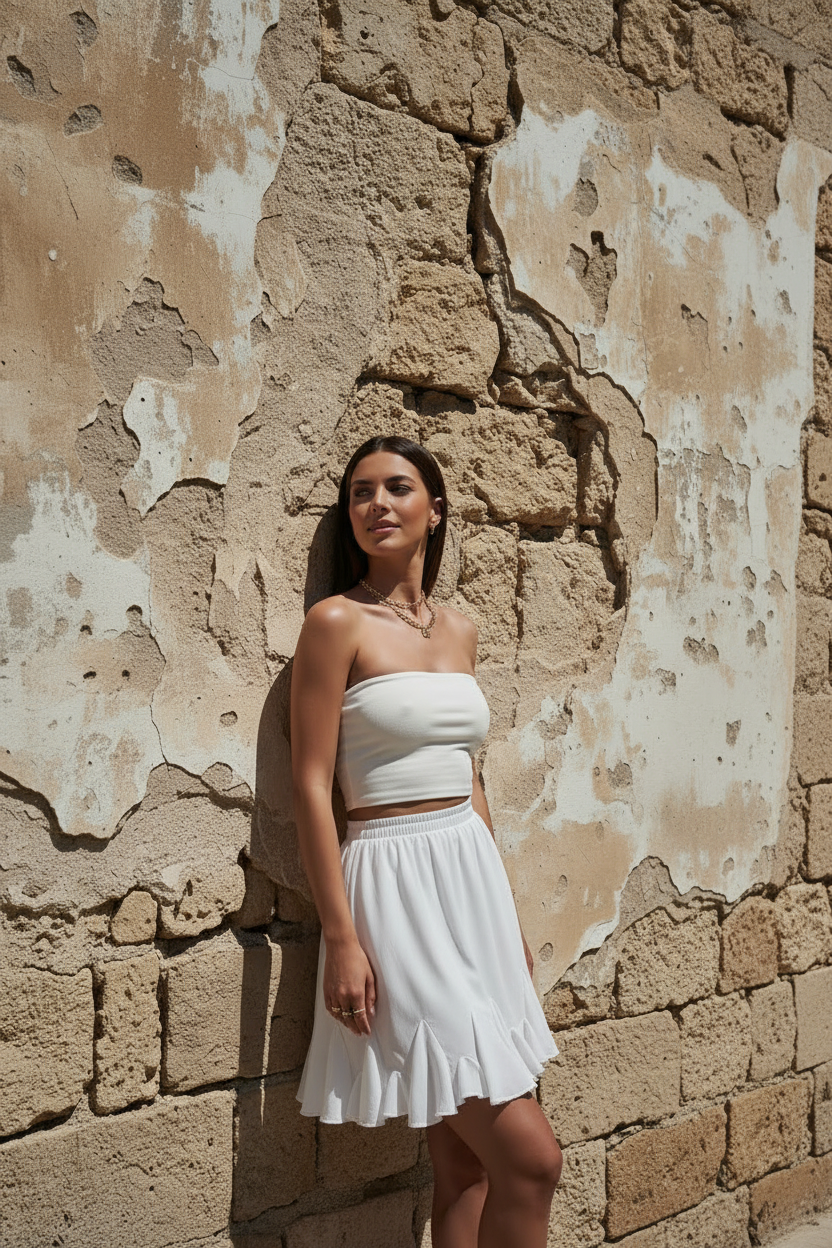 Chiffon Minirock Weiß mit Volant – LACLARA mediterrane Mode