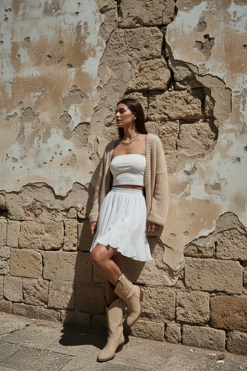 Chiffon Minirock Weiß mit Volant – LACLARA mediterrane Mode