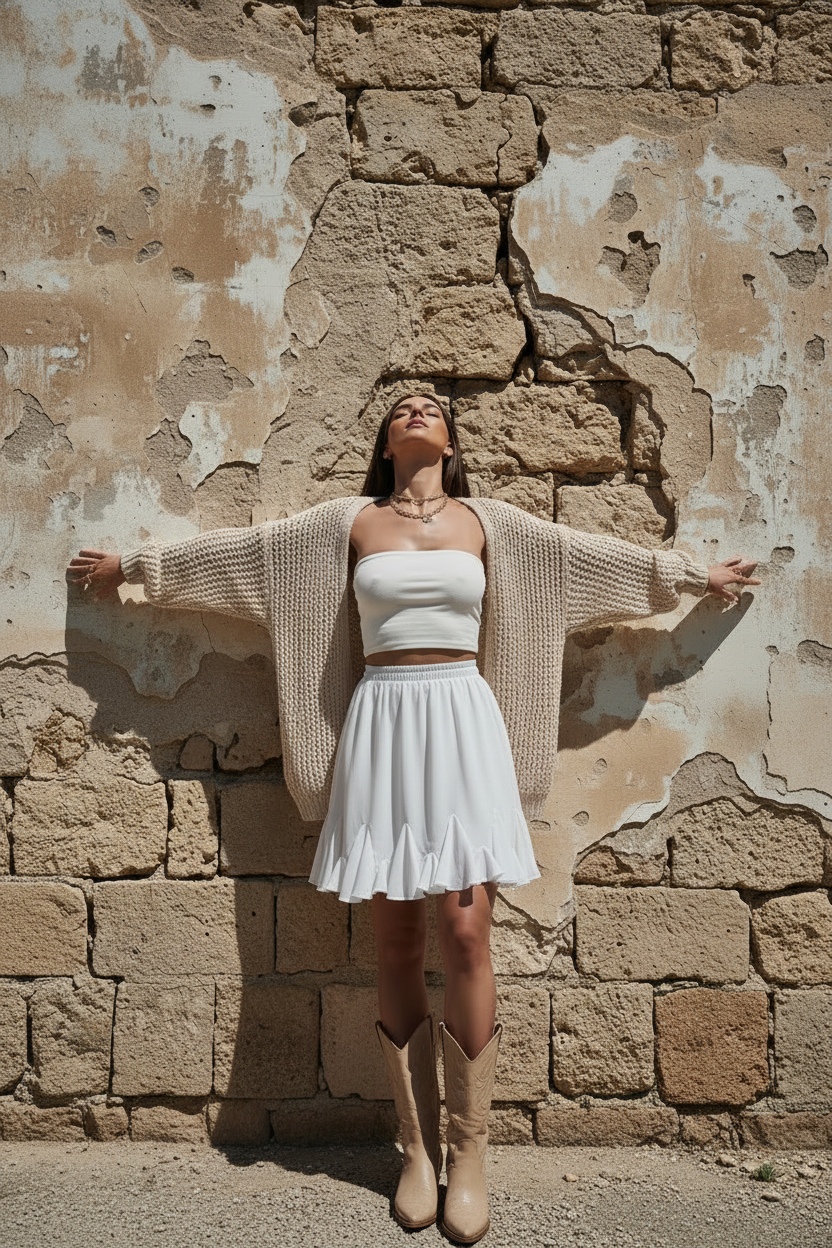 Chiffon Minirock Weiß mit Volant – LACLARA mediterrane Mode