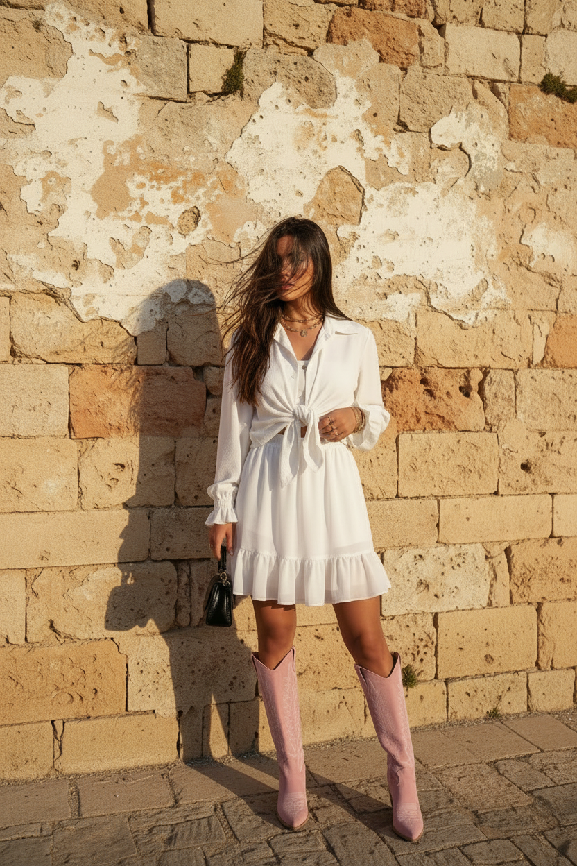 Chiffon Minirock Weiß mit Volant – LACLARA mediterrane Mode