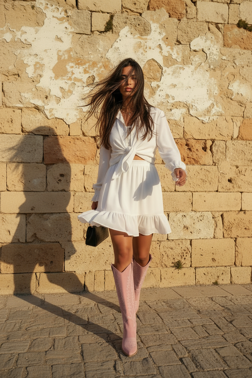 Chiffon Minirock Weiß mit Volant – LACLARA mediterrane Mode