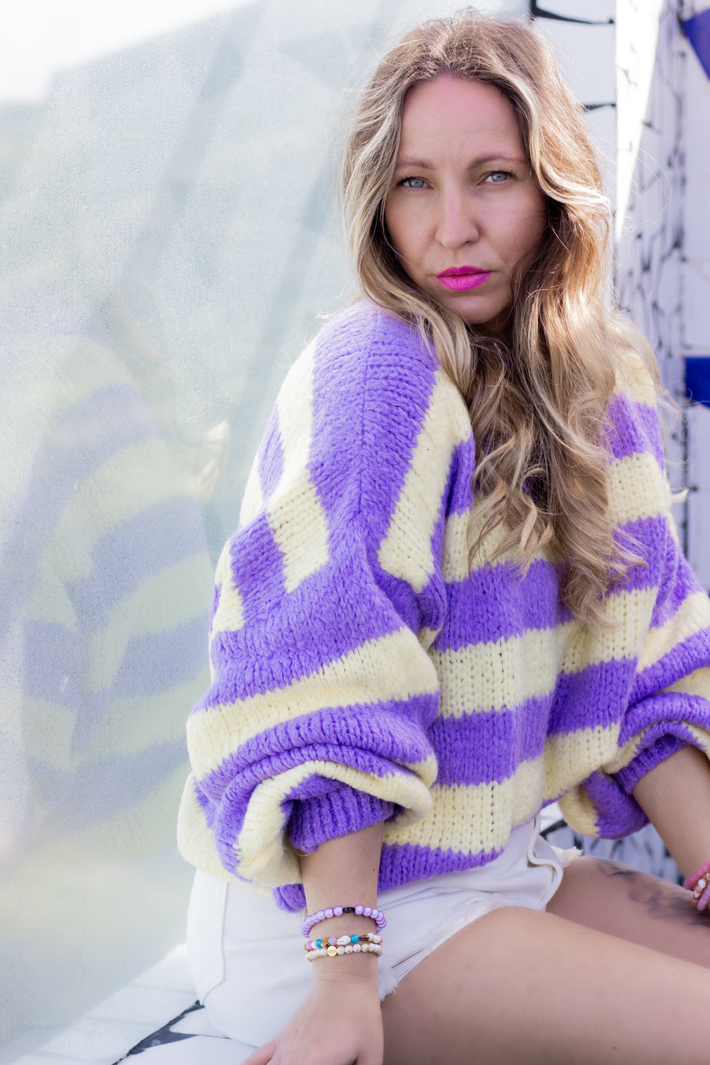 Oversize Pullover — Lila & Gelb Streifen – LACLARA mediterrane Mode