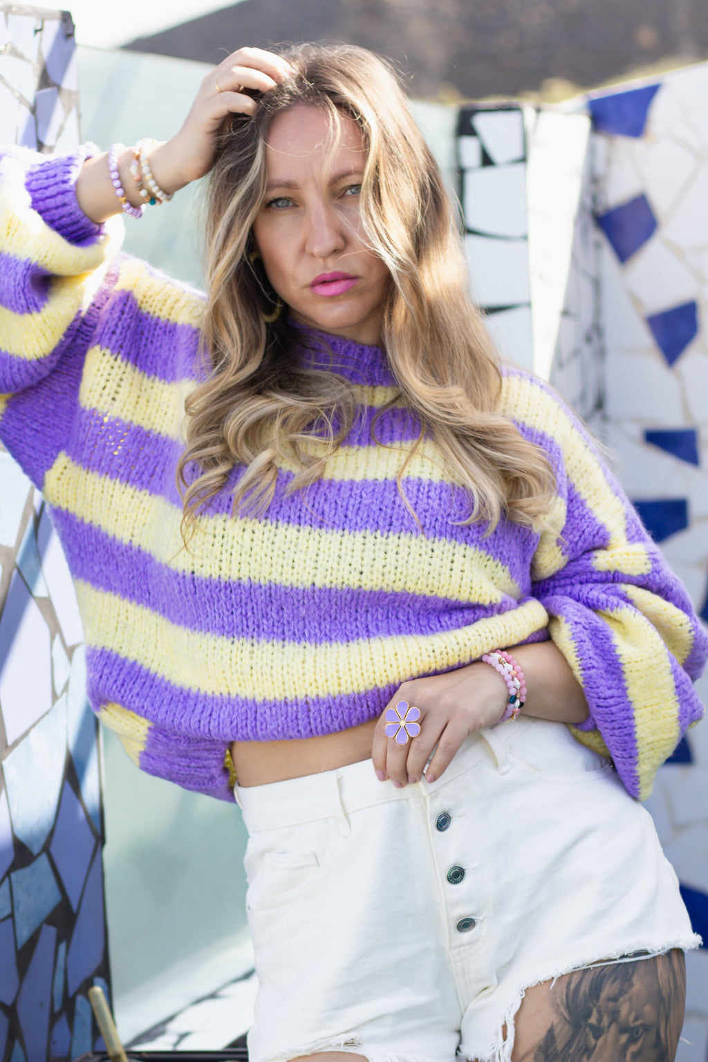 Oversize Pullover — Lila & Gelb Streifen – LACLARA mediterrane Mode