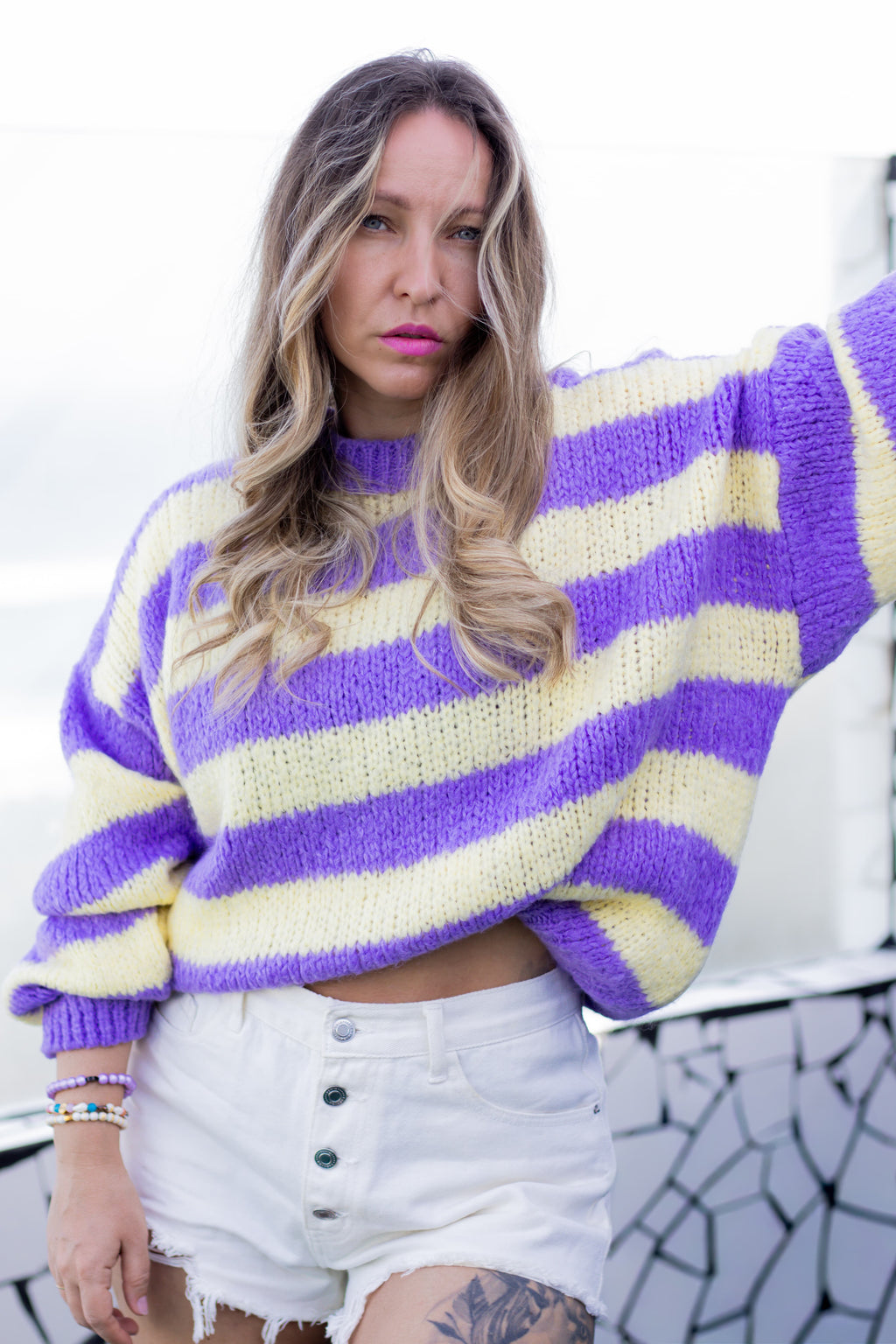 Oversize Pullover — Lila & Gelb Streifen – LACLARA mediterrane Mode
