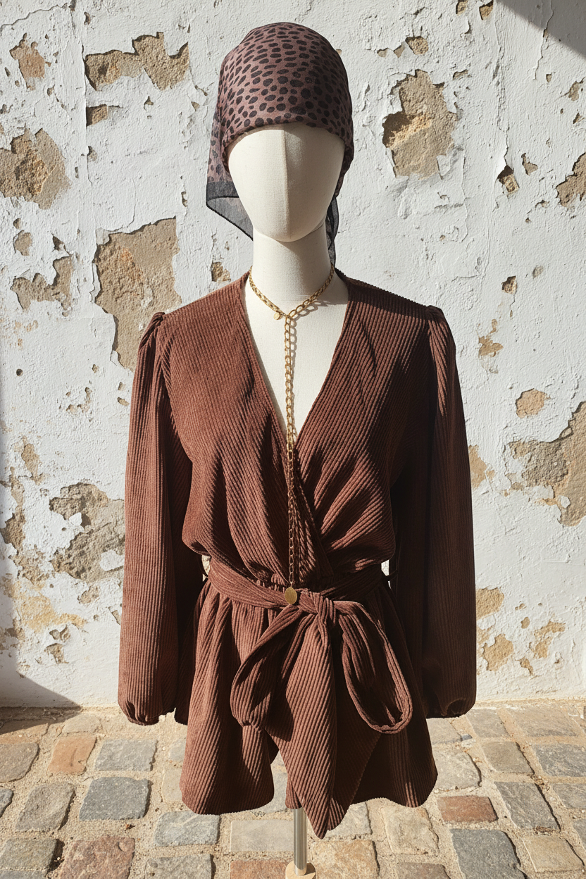 Gerippter Jumpsuit Braun - Model läuft, Frontansicht