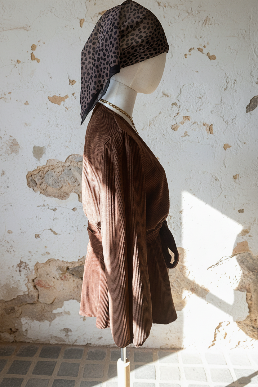 Gerippter Jumpsuit Braun - Model stehend an Wand