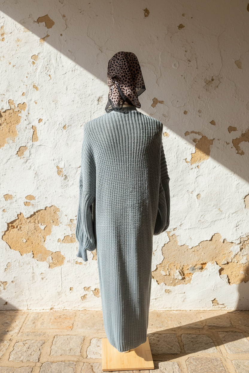 Oversize Strickjacke Grau – Model Seitenprofil