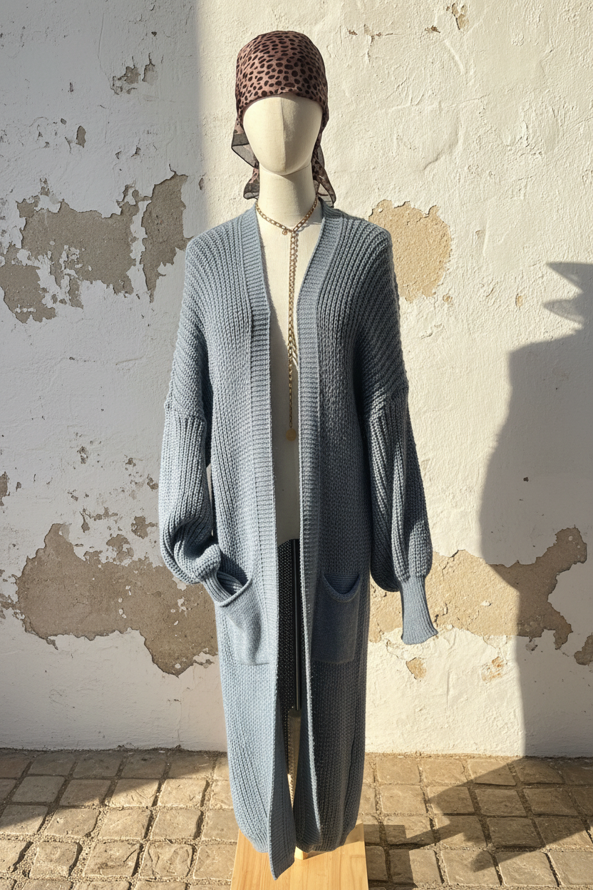 Oversize Strickjacke Grau – Model von hinten