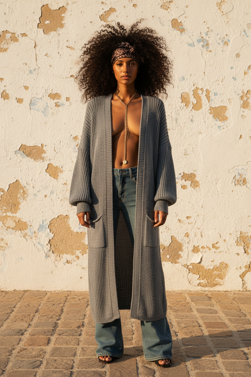 Oversize Strickjacke Grau – Model frontal