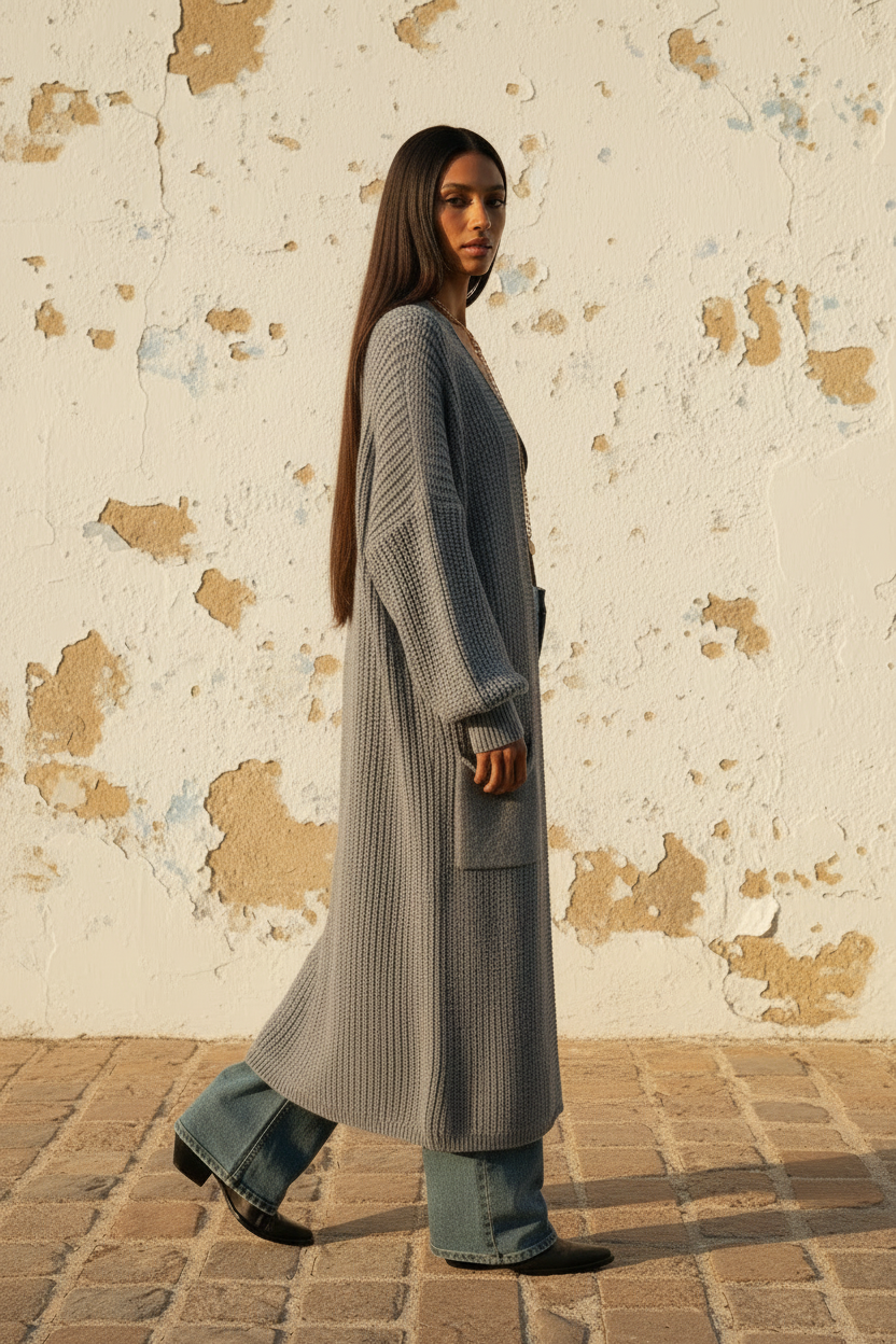 Oversize Strickjacke Grau – Model mit Sonnenbrille seitlich