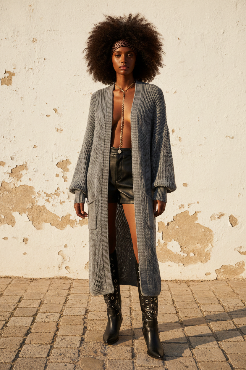 Oversize Strickjacke Grau – Model sitzend