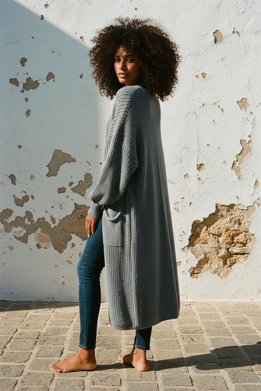 Oversize Strickjacke Grau – Model mit Sonnenbrille frontal