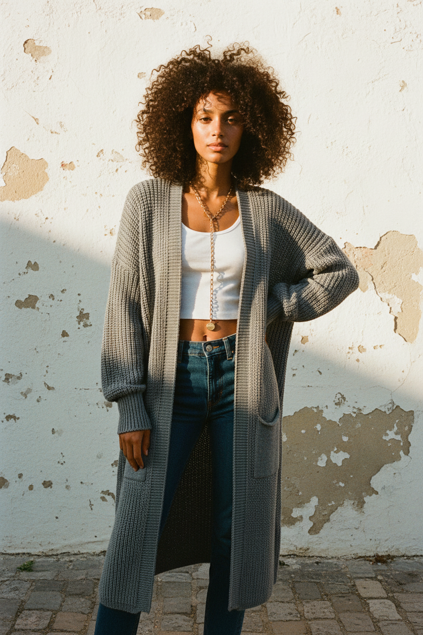 Oversize Strickjacke Grau – Model walking