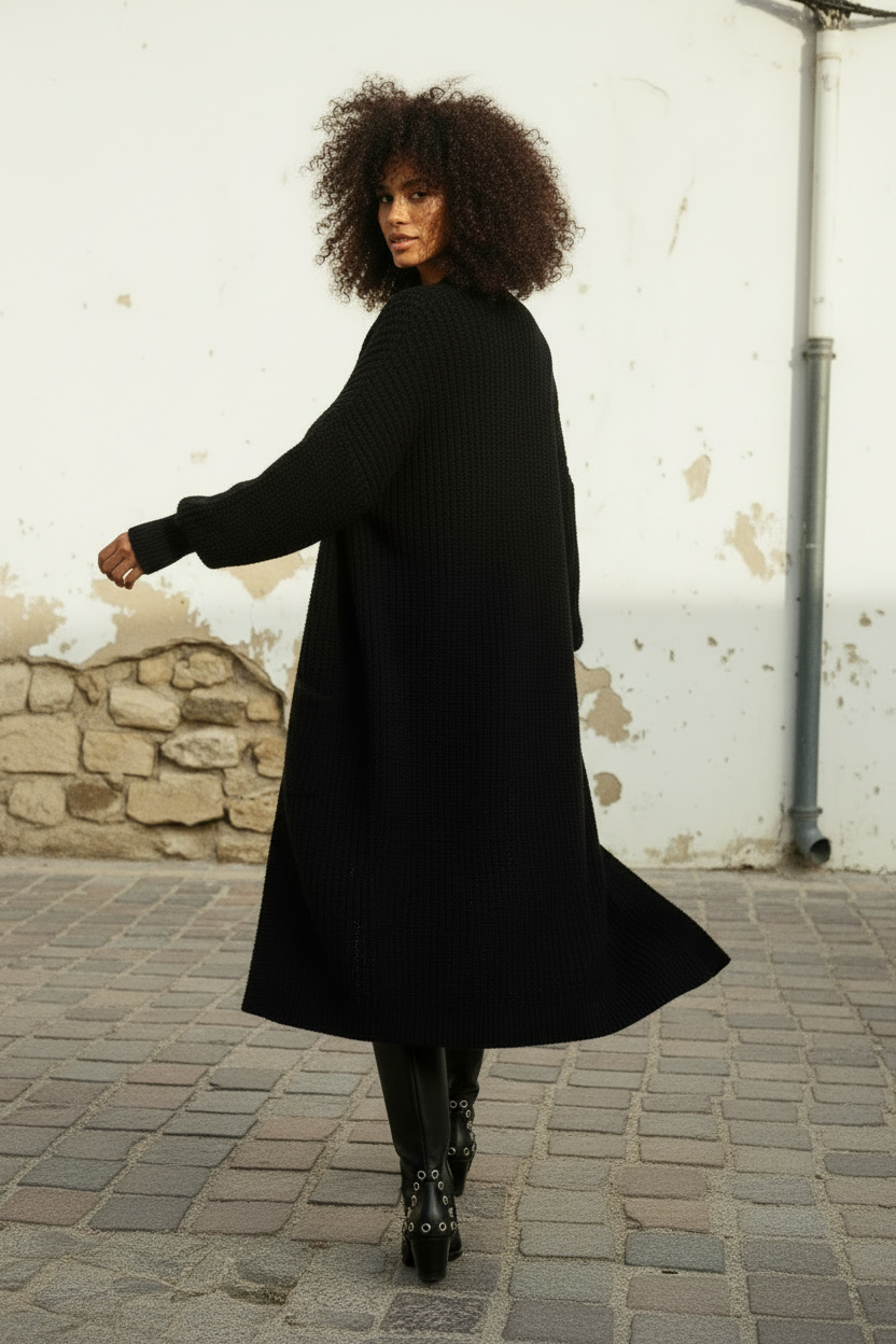 Oversize Strickjacke Schwarz – Model hockend an Wand