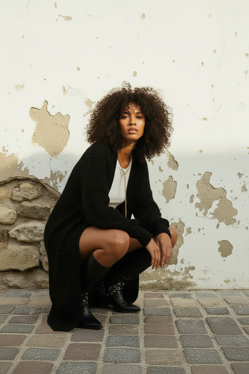 Oversize Strickjacke Schwarz – Detail Vorderansicht