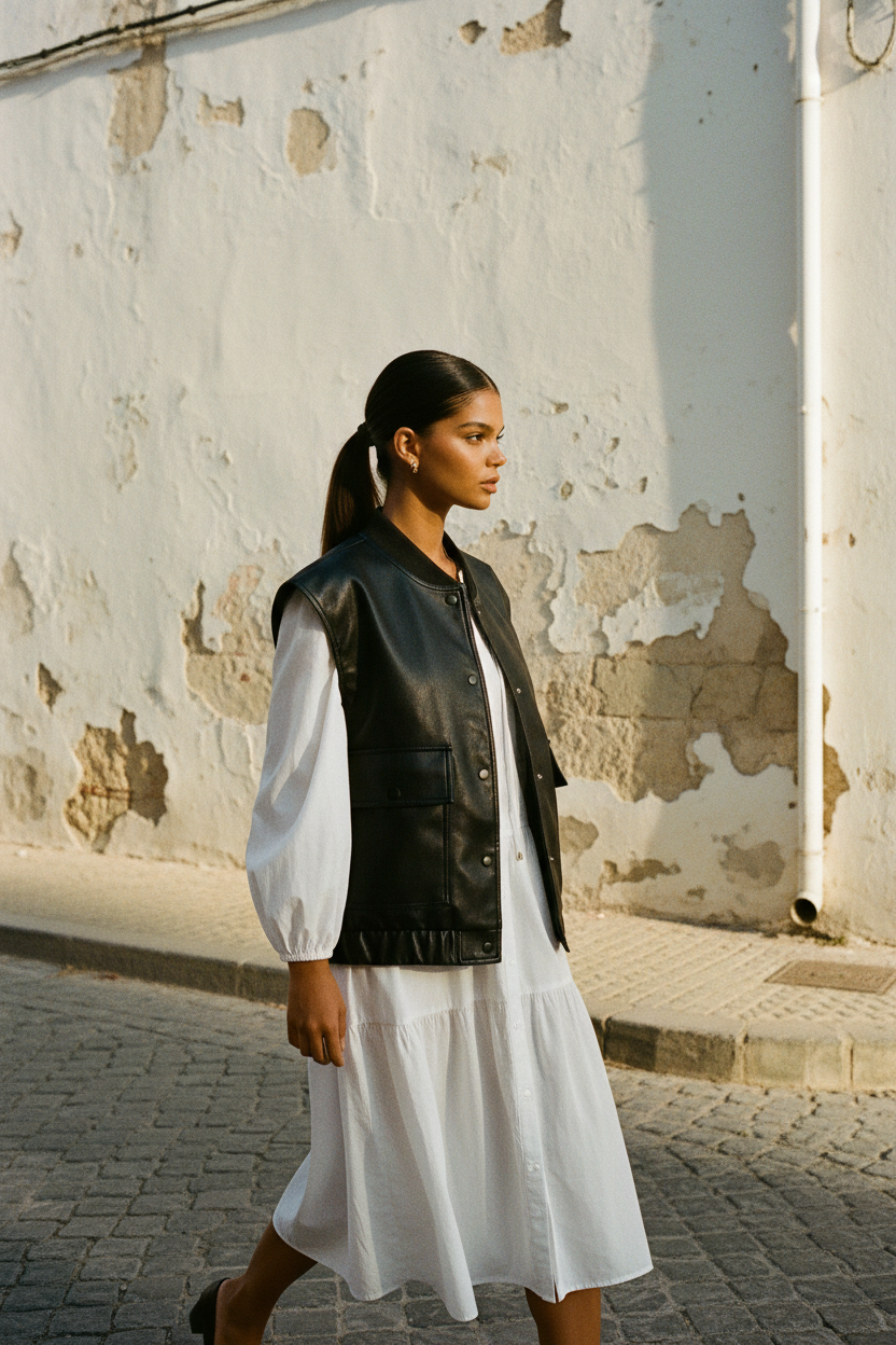 Kunstleder Weste – Model mit weißem Kleid