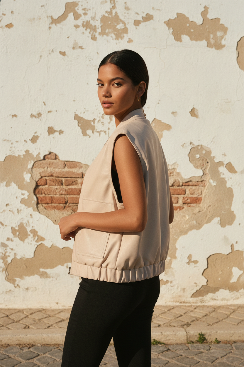 Kunstleder Bomber Weste Beige - Seitenansicht Gasse