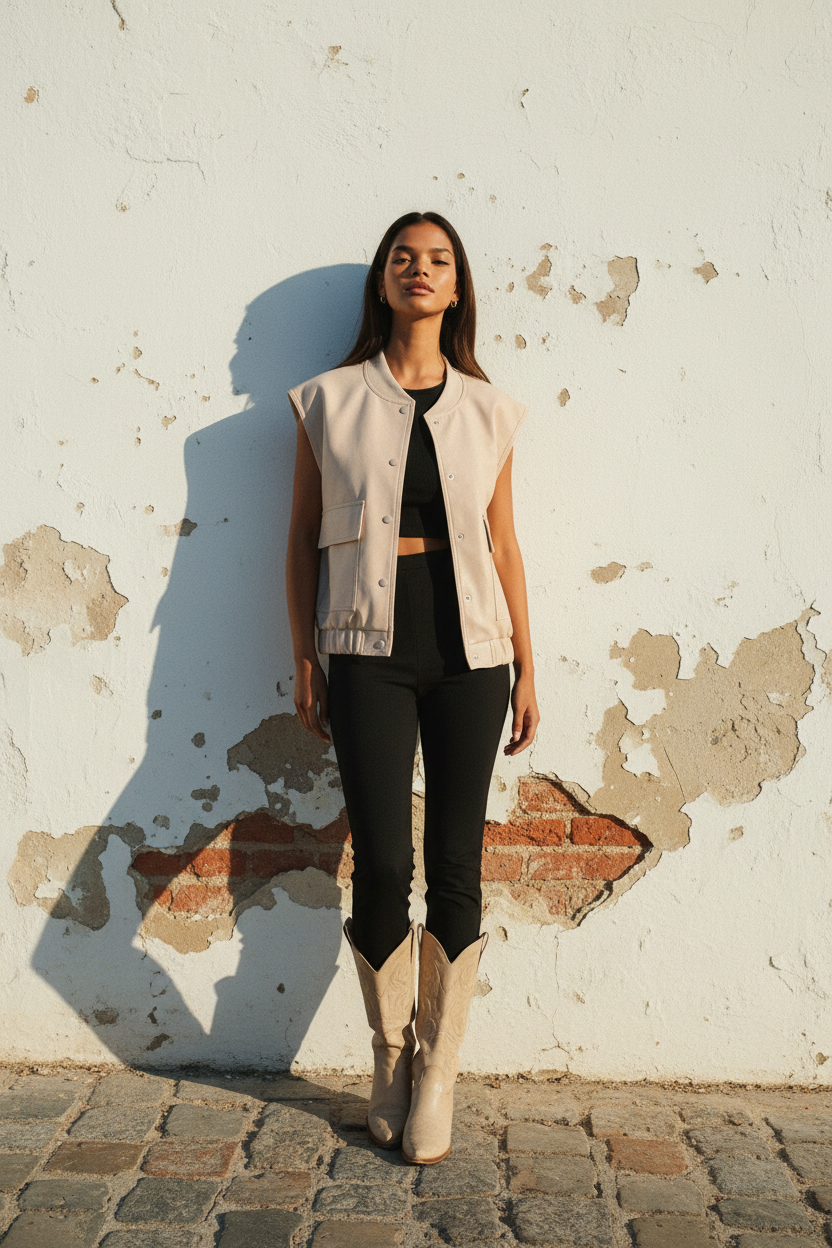 Kunstleder Bomber Weste Beige - Seitenansicht Wand