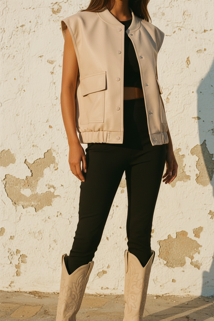 Kunstleder Bomber Weste Beige – LACLARA mediterrane Mode