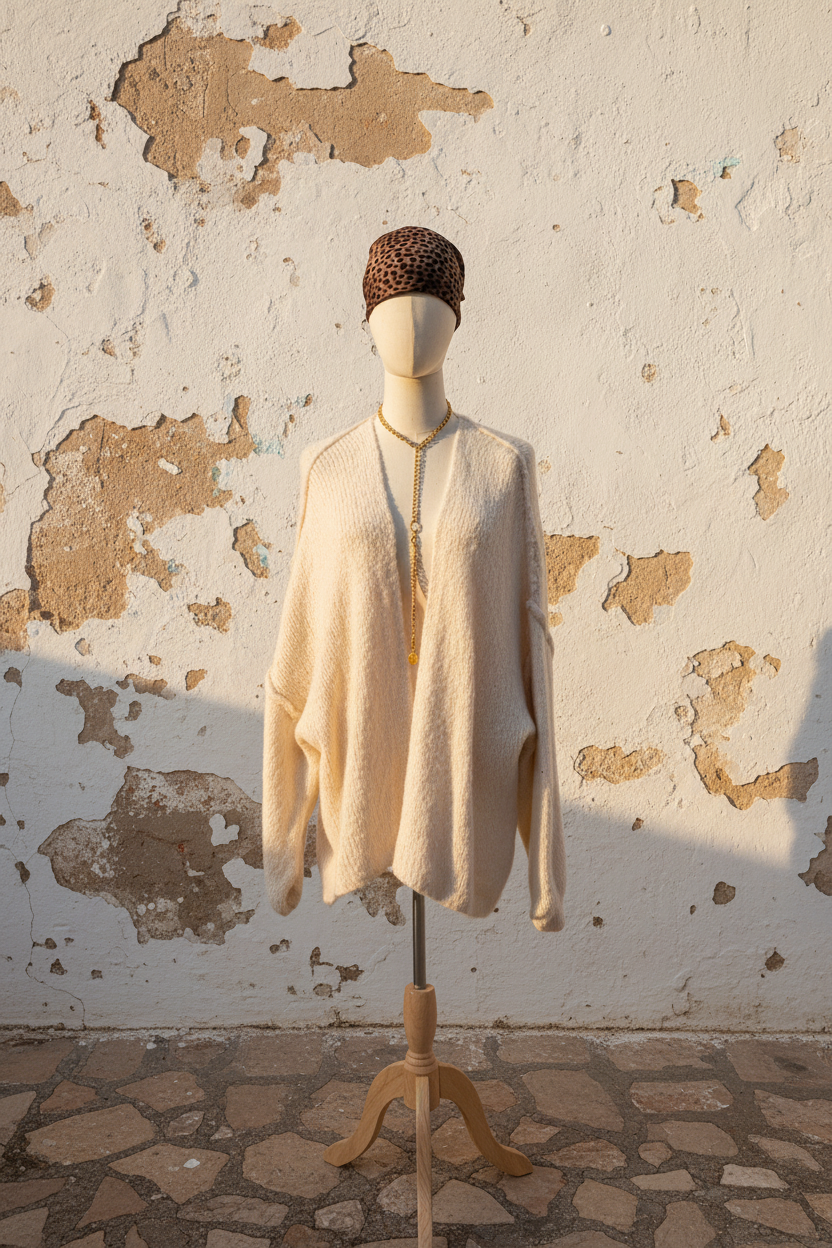 Oversized Cardigan Beige - Mannequin frontal mit Gürtel