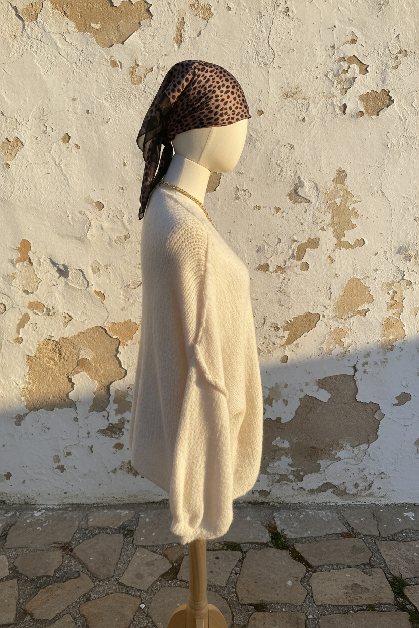 Oversized Cardigan Beige - Model mit Mini Rock