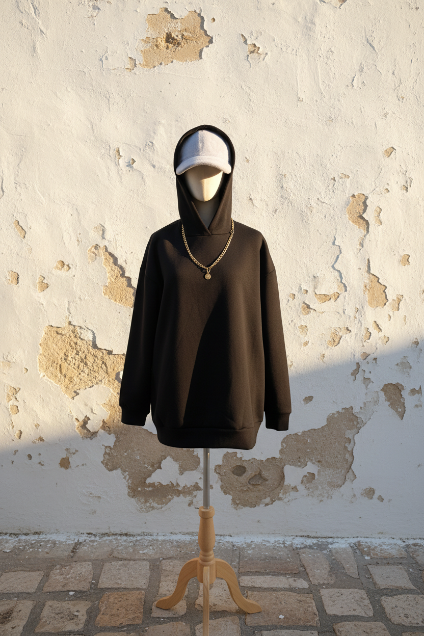 Oversized Hoodie Schwarz Amor Print - Rückansicht stehend