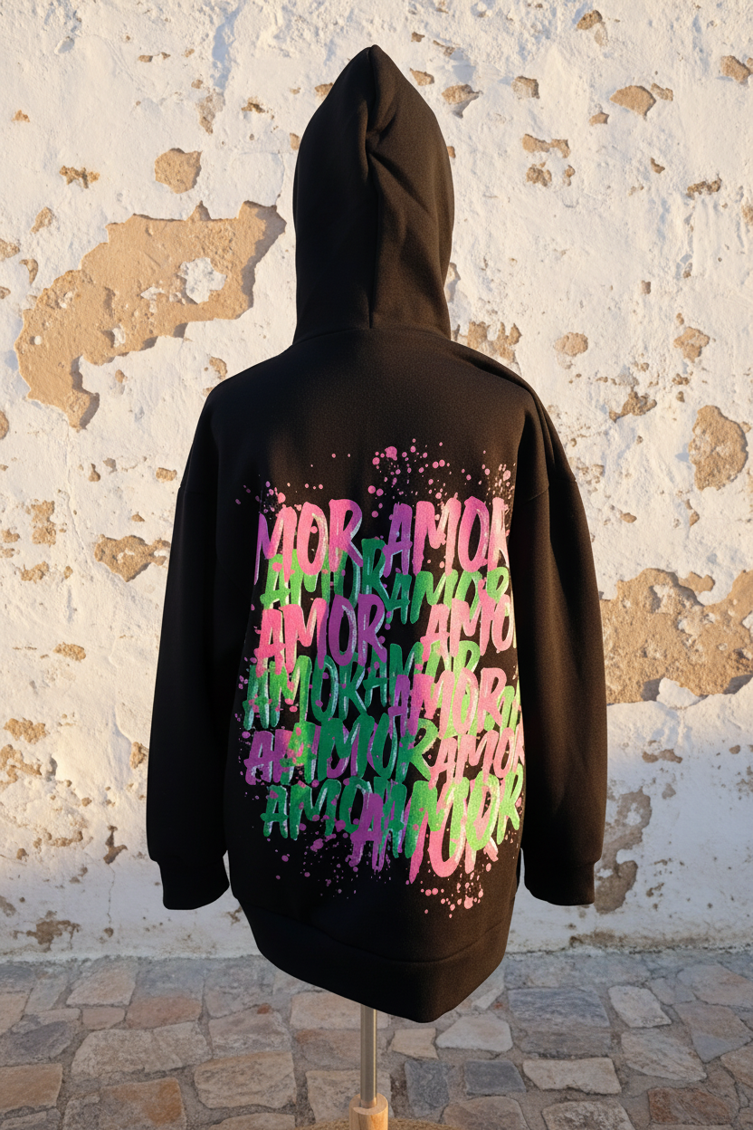Oversized Hoodie Schwarz Amor Print - sitzend Seitenansicht