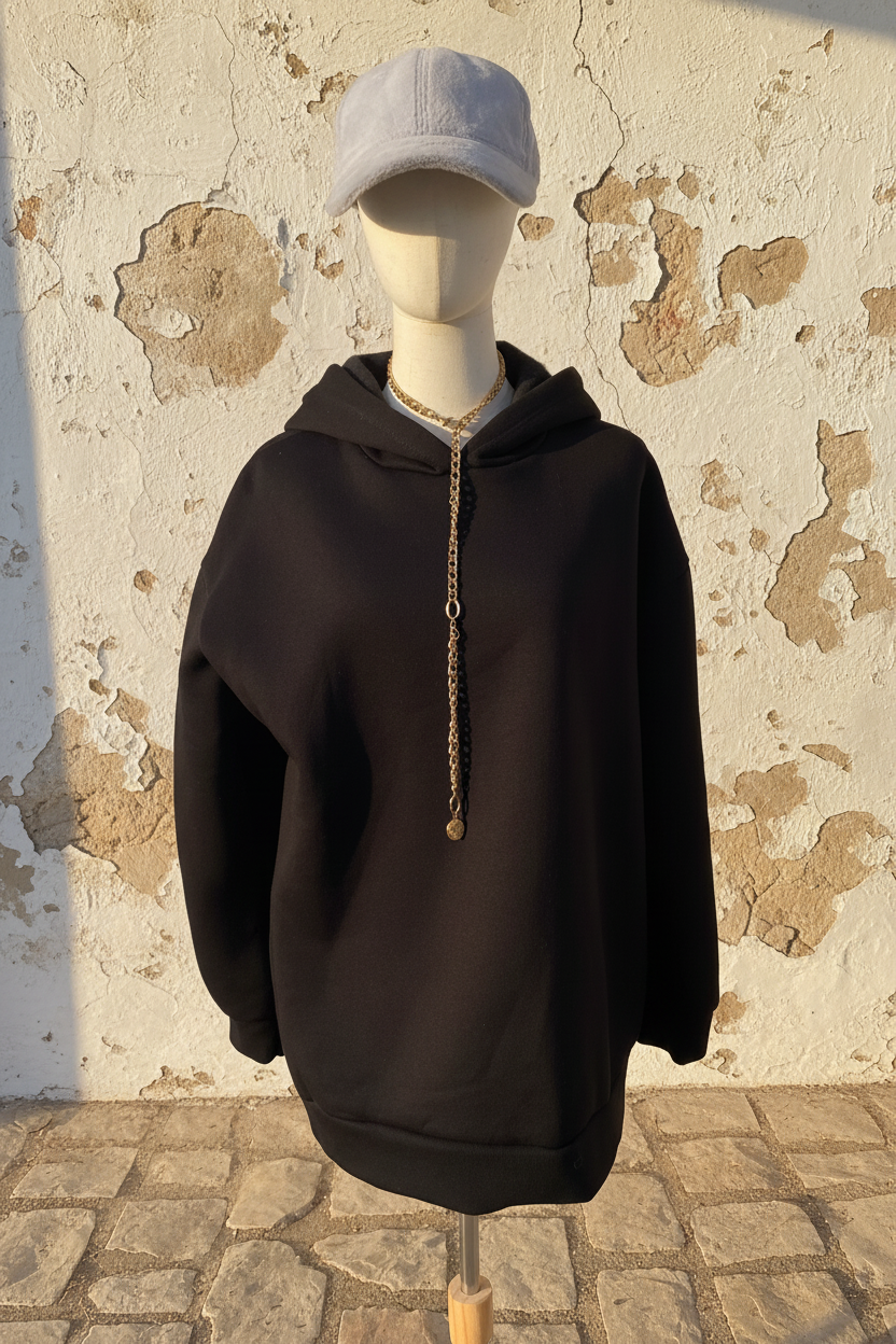 Oversized Hoodie Schwarz Amor Print - gehend Rückansicht