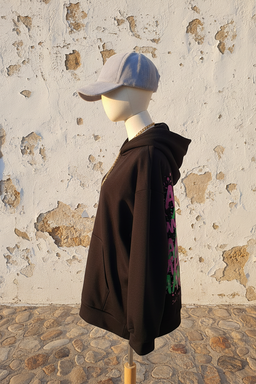 Oversized Hoodie Schwarz - Frontansicht an Wand