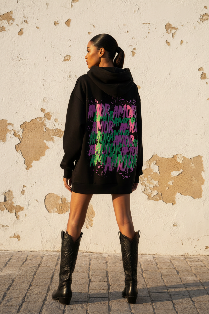 Oversized Hoodie Schwarz Amor Print - Seitenansicht gehend