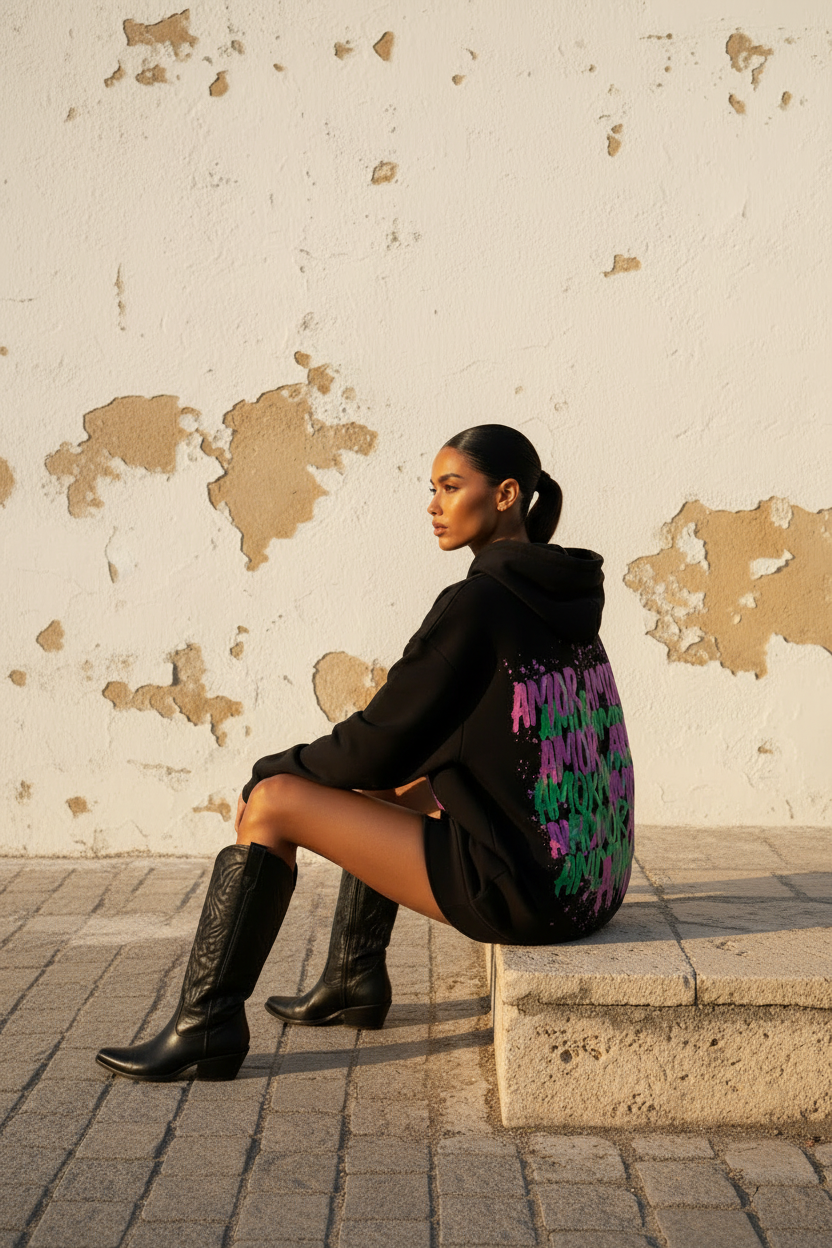 Oversized Hoodie Schwarz mit Blumenprint - Seitenansicht