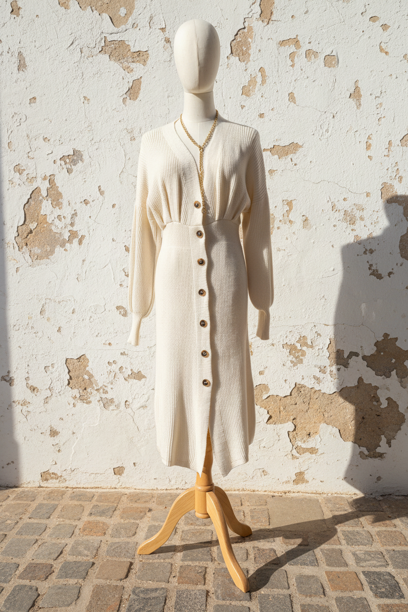 Geripptes Strickkleid Beige – Model Vorderansicht